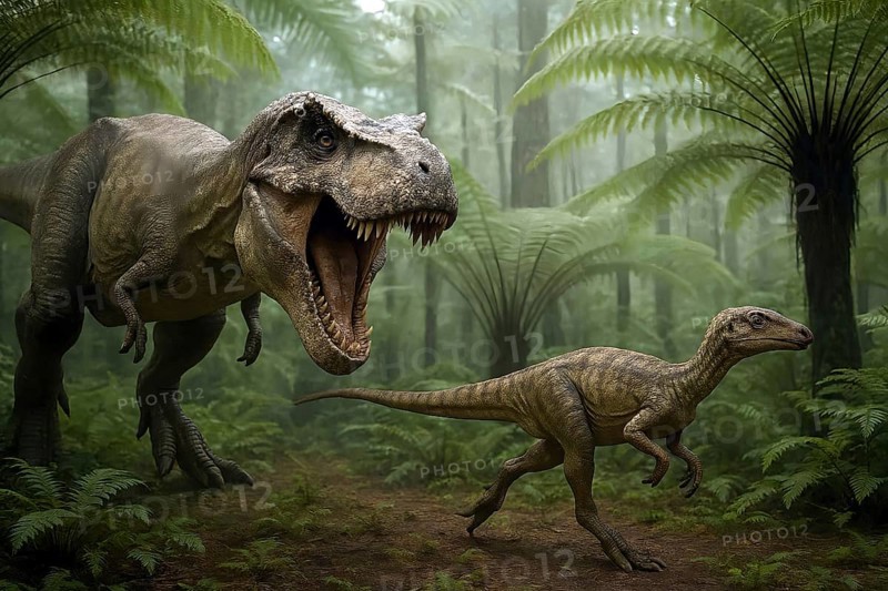 A Tyrannosaurus rex hunts a small dinosaur in a prehistoric forest of ferns, symbol carnivore, lizard, prehistoric, terrifying, paleontology, herbivore, extinct, fossil, prehistoric, AI generated