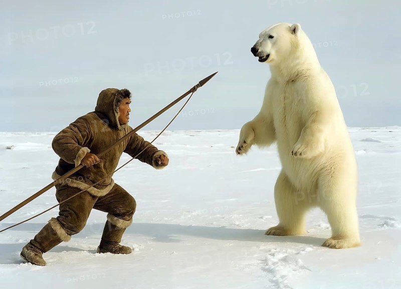 An Inuit hunts a polar bear in the snowy Arctic, symbol Eskimo, polar region, winter, hunting, indigenous people, indigenous people, ethnic group, fur clothing, AI generates, AI generated
