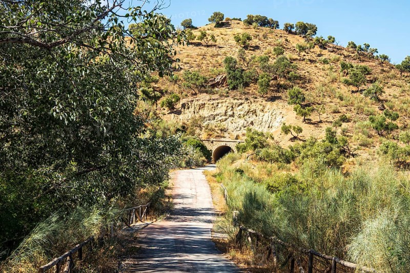 Cycle path Via Verde de la Sierra, path leads through a tunnel, Puerto Serrano to Olvera, near village Olvera, Andalusia, Spain