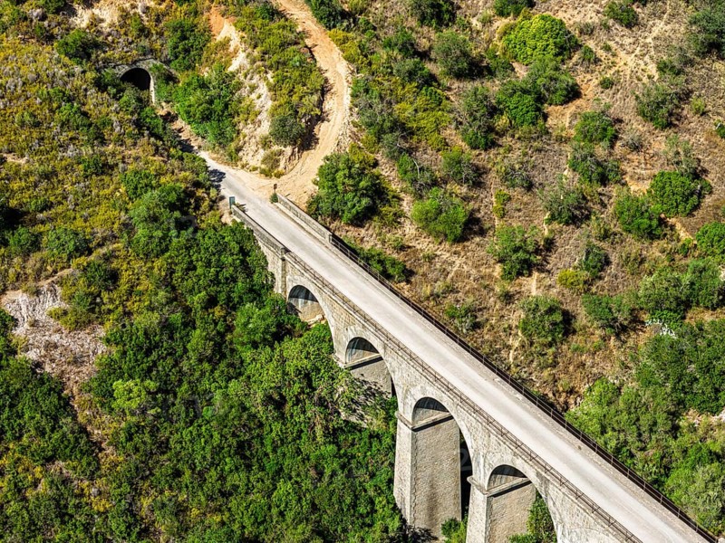 Cycle path Via Verde de la Sierra, Puerto Serrano to Olvera, old railroad track, cycle path on bridge, tunnel, near village Coripe, Andalusia, Spain
