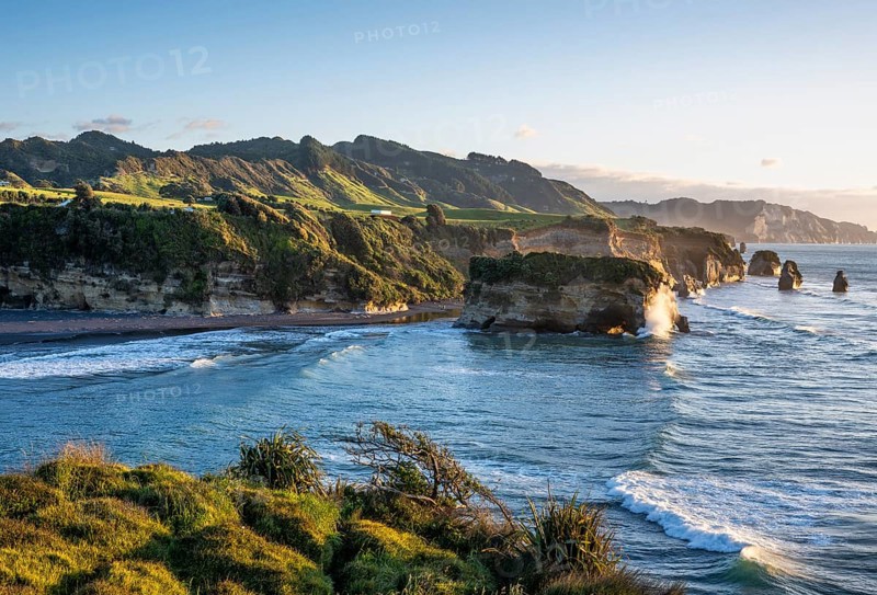 The Three Sisters and Elephant Rock formations, sea, evening, golden hour. Taranaki Region, North Island, New Zealand