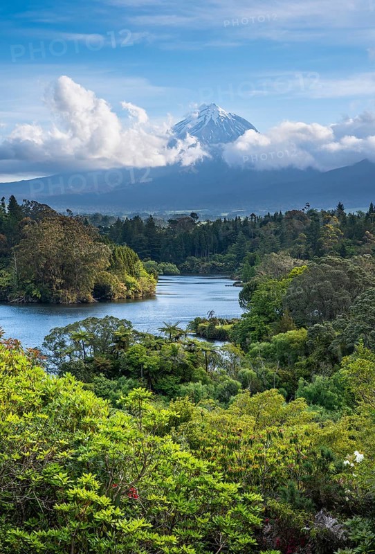 Lake Mangamahoe with views of Mount Taranaki. Egmont National Park, Taranaki Region, North Island, New Zealand