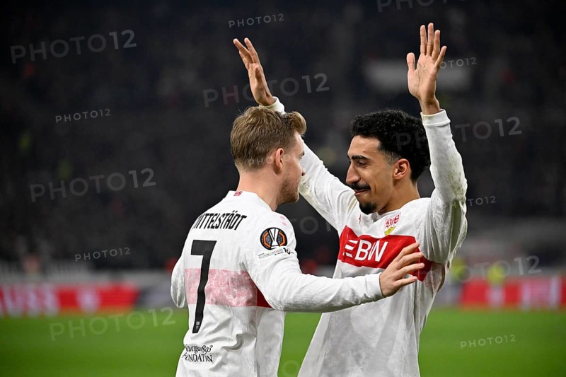 Goal celebration Maximilian Mittelstädt VfB Stuttgart (07) Tiago Tomas VfB Stuttgart (08) Europa League, MHPArena, MHP Arena Stuttgart, Baden-Württemberg, Germany