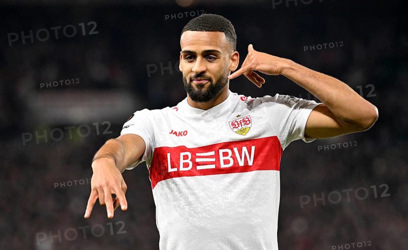 Goal celebration Josha Vagnoman VfB Stuttgart (04) Gesture Gesture Europa League, MHPArena, MHP Arena Stuttgart, Baden-Württemberg, Germany