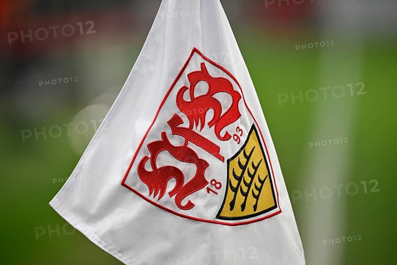 Corner flag with VfB Stuttgart coat of arms, logo, Europa League, MHPArena, MHP Arena Stuttgart, Baden-Württemberg, Germany