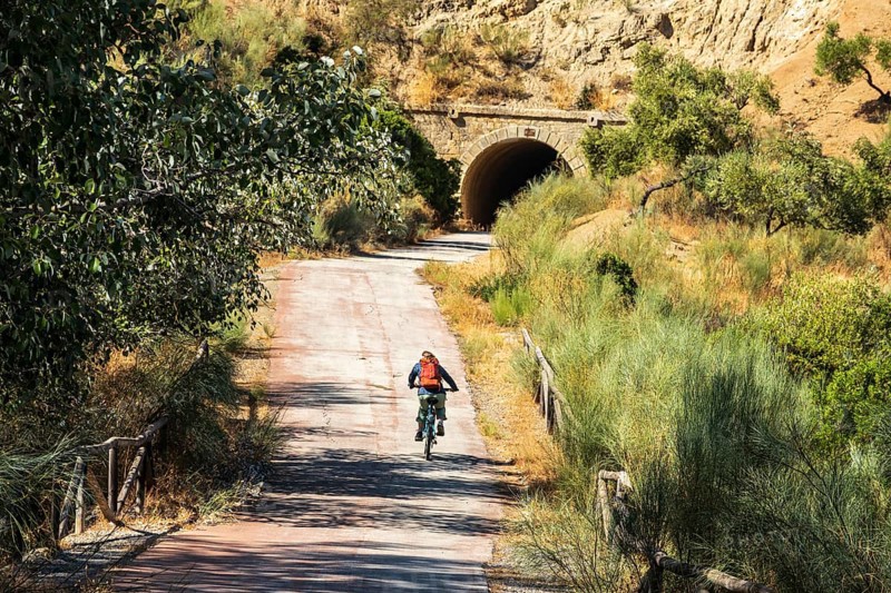 Woman riding a bycicle, cycle path Via Verde de la Sierra, path leads through a tunnel, Puerto Serrano to Olvera, near village Olvera, Andalusia, Spain