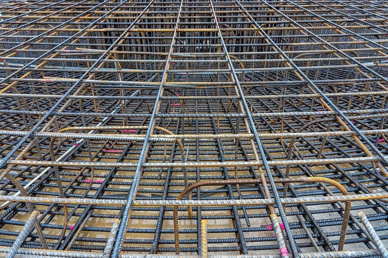 Reinforcing steel mesh for the reinforced concrete foundation of a wind turbine, a mesh of rebar steel and reinforcing mesh, over 100 tons of reinforcing steel were used, the wind turbine will have a hub height of 160 meters, part of a new wind farm in Sauerland, near Balve, North Rhine-Westphalia, Germany