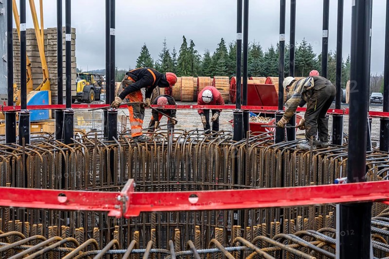 Assembly of reinforcing steel for the reinforced concrete foundation of a wind turbine, a mesh of rebar and rebar mesh, over 100 tons of reinforcing steel were used, the wind turbine will have a hub height of 160 meters, part of a new wind farm in Sauerland, near Balve, North Rhine-Westphalia, Germany
