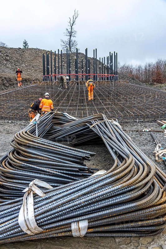 Assembly of reinforcing steel for the reinforced concrete foundation of a wind turbine, a mesh of rebar and rebar mesh, over 100 tons of reinforcing steel were used, the wind turbine will have a hub height of 160 meters, part of a new wind farm in Sauerland, near Balve, North Rhine-Westphalia, Germany