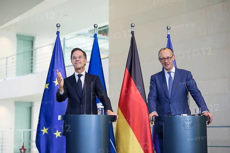 Mark Rutte (Secretary General of NATO) and Friedrich Merz (Chancellor of the Federal Republic of Germany, CDU) at a press conference after a one-on-one meeting in the Federal Chancellery, Berlin, 11 December 2025