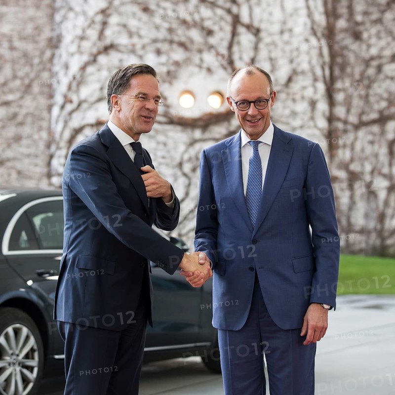 Mark Rutte (Secretary General of NATO) and Friedrich Merz (Chancellor of the Federal Republic of Germany, CDU) greeting each other in front of a joint one-on-one meeting at the Federal Chancellery, Berlin, 11 December 2025