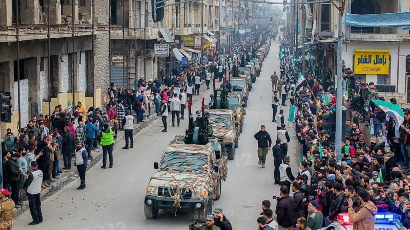 Aleppo, Syria – December 08, 2025: Aerial shots capture the Syrian Army and Public Security forces conducting a military parade on the first anniversary of the Syrian revolution's victory and the fall of the Assad regime, attended by thousands of people, Aleppo, Aleppo, Syria