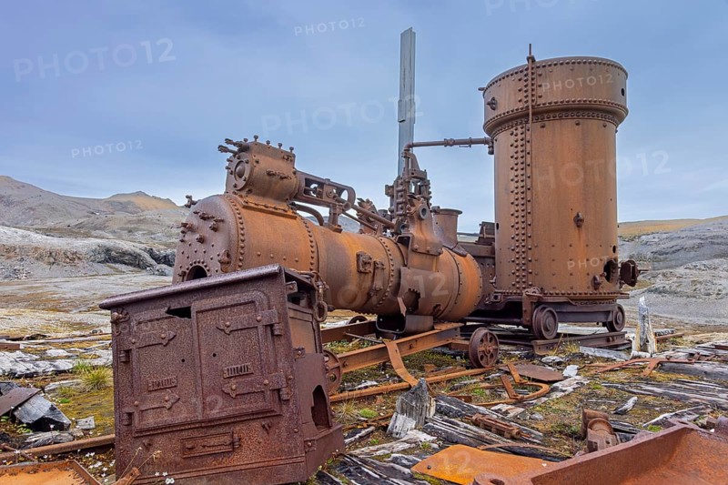 Steam engine at abandoned marble quarry Camp Mansfield, Ny London near Ny-Alesund, Blomstrandhalvøya, Kongsfjorden, Svalbard, Spitsbergen, Norway