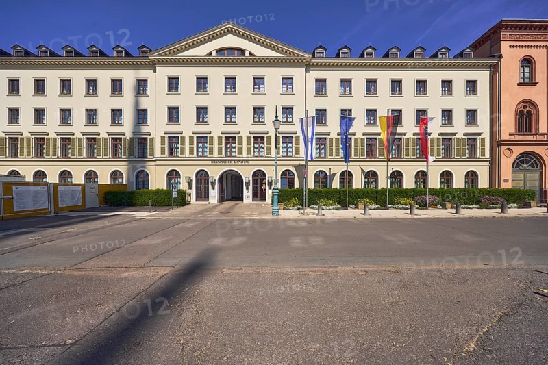 Hessian state parliament, former court marshal office, architectural style classicism, flagpoles, flags, Israeli flag, German flag, European flag, flag of Hesse, entrance area, façade with windows and shutters, dormers, hedge, flower bed, deep blue sky, cirrus clouds, castle square, Wiesbaden, state capital, district-free city, Hesse, Germany