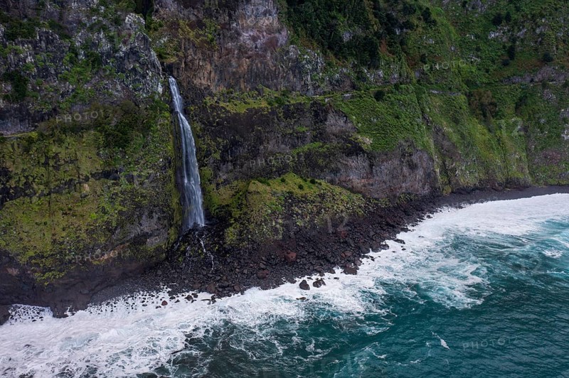 Waterfall flows into the sea, Miradouro do Véu da Noiva, Madeira, Portugal