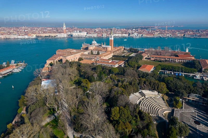Aerial view, Isola di San Giorgio Maggiore, San Marco Basin, Venice, Veneto, Italy