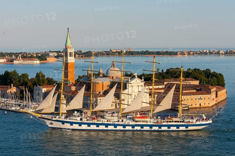View of the Star Clippers cruise ship from Campanile, in front of Isola della Giudecca, Venice, Italy