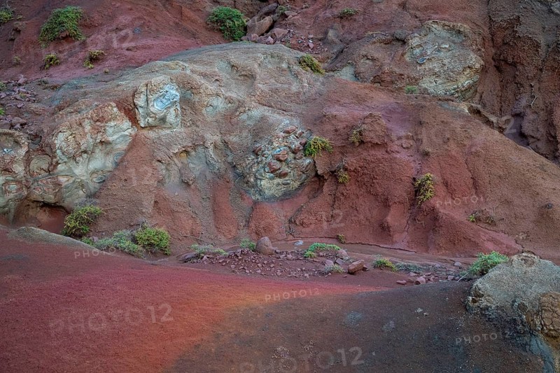Volcanic soil, colorful soil, red, erosion, near Miradouro da Ponta do Rosto, Madeira, Portugal