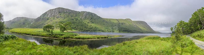 Panorama with waterfall and mouth of the Owenacoo River into Lough Beagh, Glenveagh National Park, Cross Roads, County Donegal, Ireland