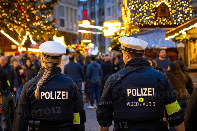 Two policemen patrol the Frankfurt Christmas market, Römerberg, Frankfurt am Main, Hesse, Germany