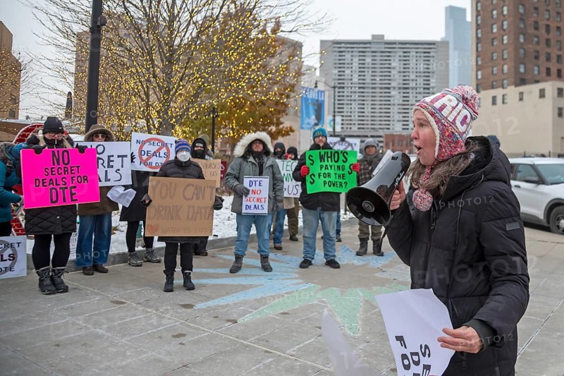 Detroit, Michigan - Residents picket DTE Energy, opposing the electric utility's plan to provide power for a proposed $7 billion data center in rural Michigan. They fear that it could raise residential electricity rates and endanger the water supply
