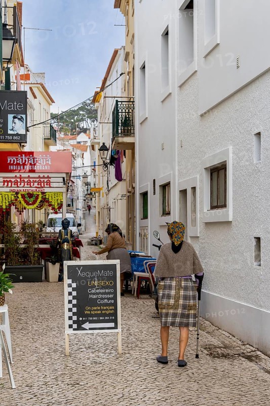 Typical Mediterranean architecture with small narrow streets and streets, Nazare, Portugal