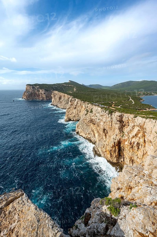 View of steep cliffs by the sea, coastal landscape, cliffs on the Capo Caccia headland, Alghero, Sardinia, Italy