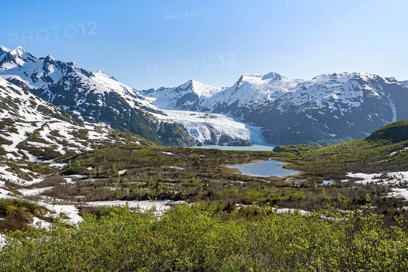 View from Portage Pass of Divide Lake, snowy mountain peaks and glaciers Portage Glacier, Portage Pass Trail, near Whittier, Alaska, USA