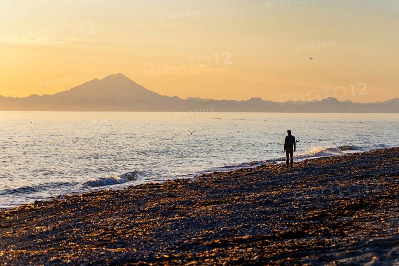 Young man walking along the beach at sunset, view across Cook Inlet to white mountain peaks of Mount Redoubt, Aleutian Range Mountains, Anchor Point, Anchor River State Recreation Area, Alaska, USA