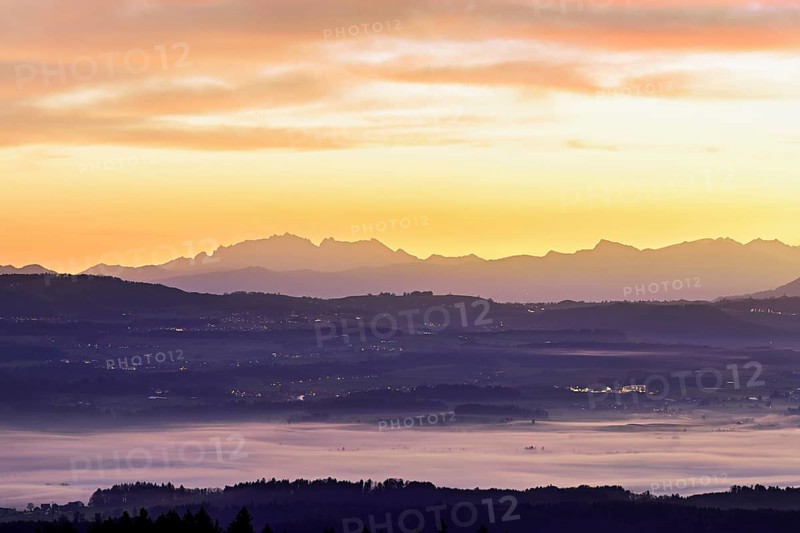 View from Horben of the Reuss Valley covered in fog, behind it the Alpstein with the Säntis in the light of the rising sun, Beinwil-Freiamt, Canton, Aargau, Switzerland