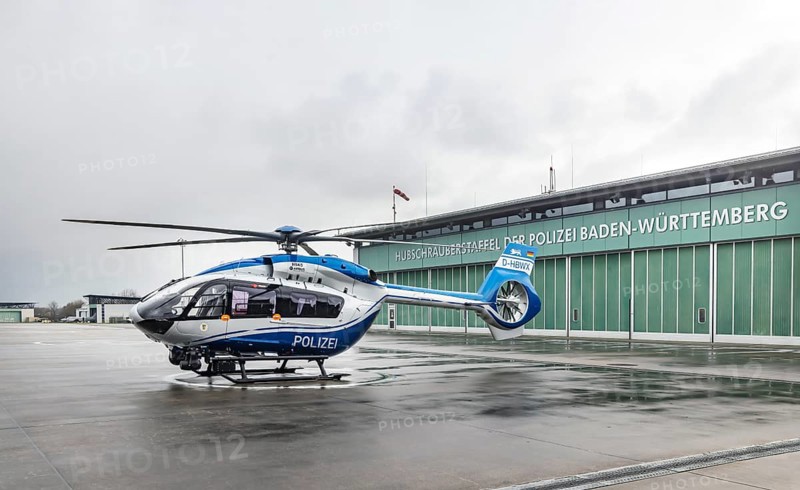Helicopter from the Baden-Württemberg Police team in front of the hangar at the airport. Airbus Helicopters H145. Stuttgart, Baden-Württemberg, Germany