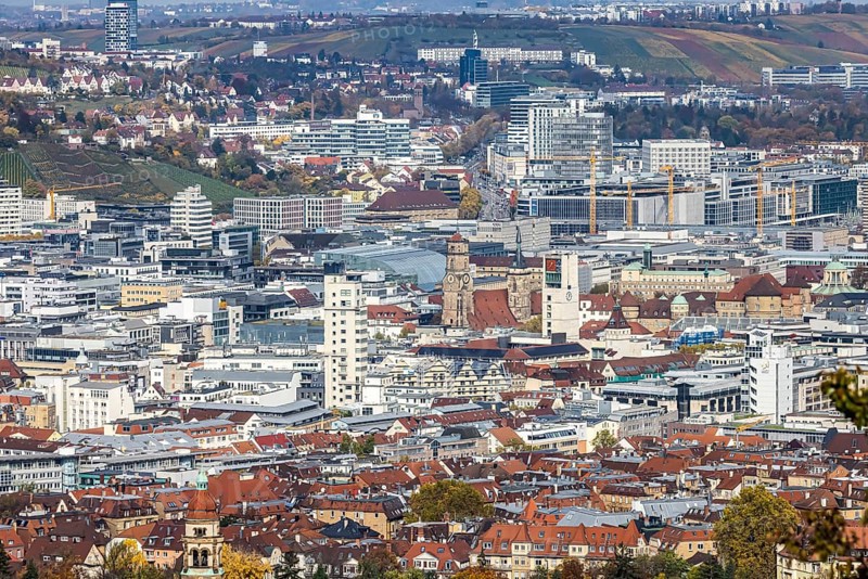 View from Santiago de Chile Square of the city center of the state capital Stuttgart with buildings, architecture and sights. Stuttgart, Baden-Württemberg, Germany