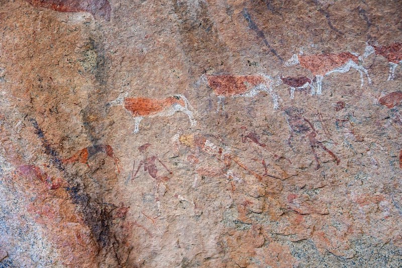 White Lady Rock Painting, White Lady Painting, Depiction of Hunters and Animals, Rock Paintings in Maack's Shelter, Tsisab Gorge, Brandberg, Erongo, Namibia