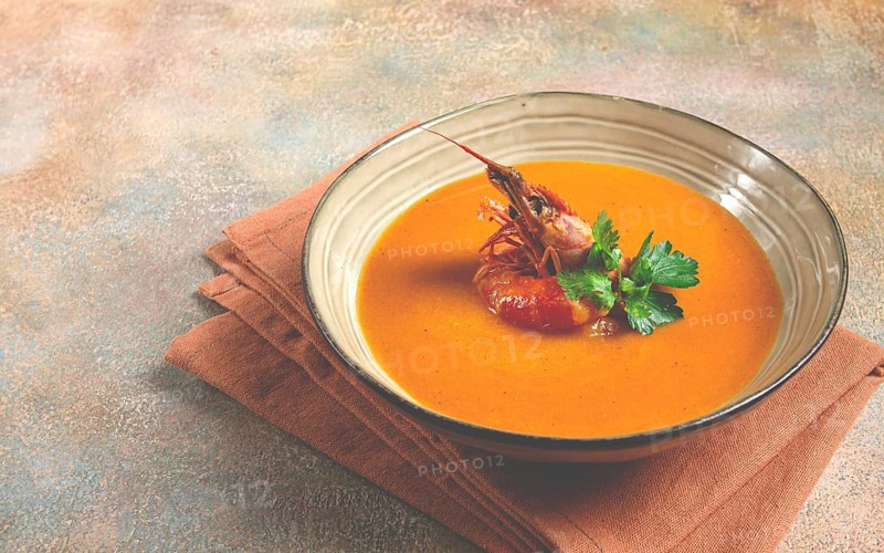 Shrimp cream soup, bisque soup, French cuisine, homemade, no people