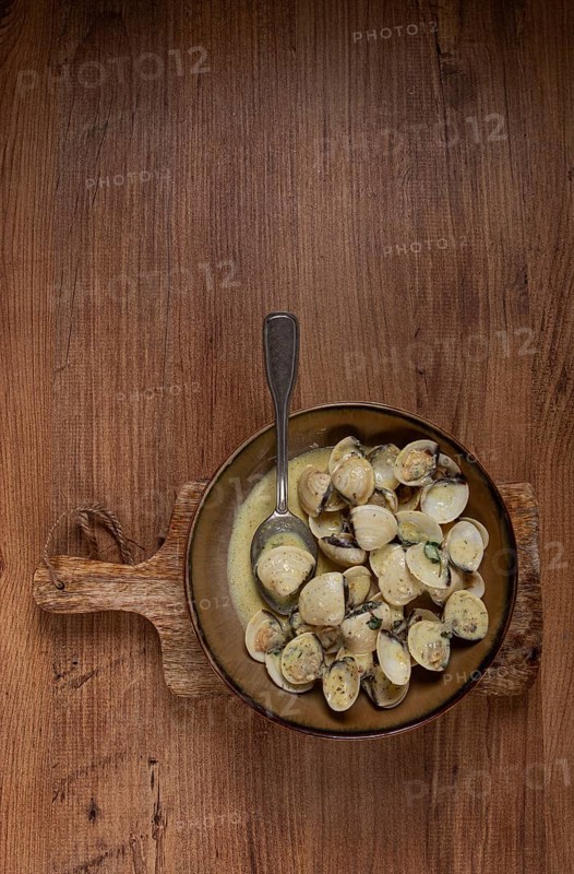 Vongole clams, in cream sauce, homemade, top view, no people