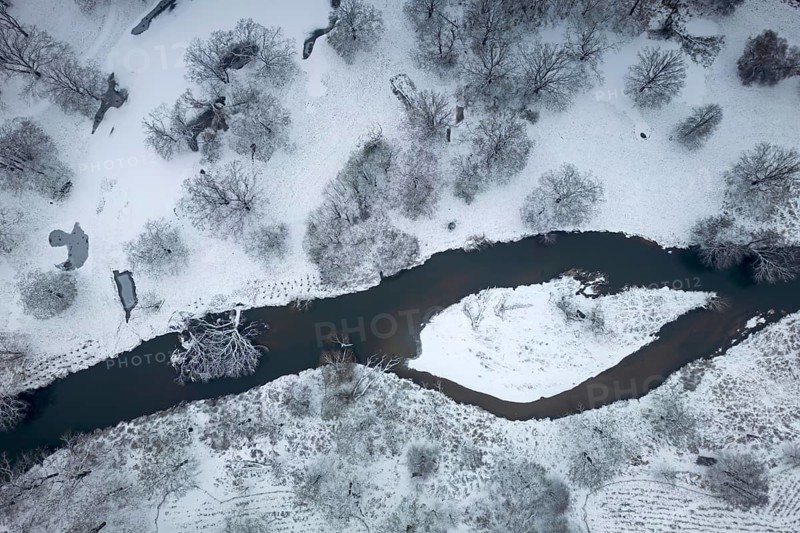 Winter landscape in frost, floodplain landscape, meander, icy, snowy, frost, frozen, river landscape, landscape view, aerial view, Germany from above, habitat, wonderful atmosphere, ice, snow, winter wonderland, close to nature, winter rest, Middle Elbe biosphere reserve, UNESCO World Heritage Site, Saxony-Anhalt