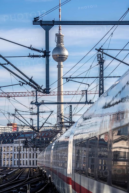 Railway line in Berlin, east of Friedrichstraße station, looking east, Berlin TV tower, ICE train on the line