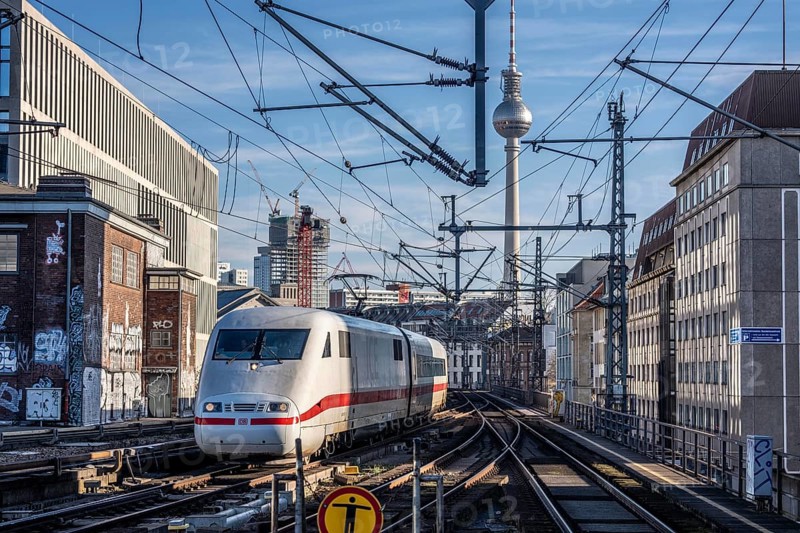 Railway line in Berlin, east of Friedrichstraße station, looking east, Berlin TV tower, ICE train on the line