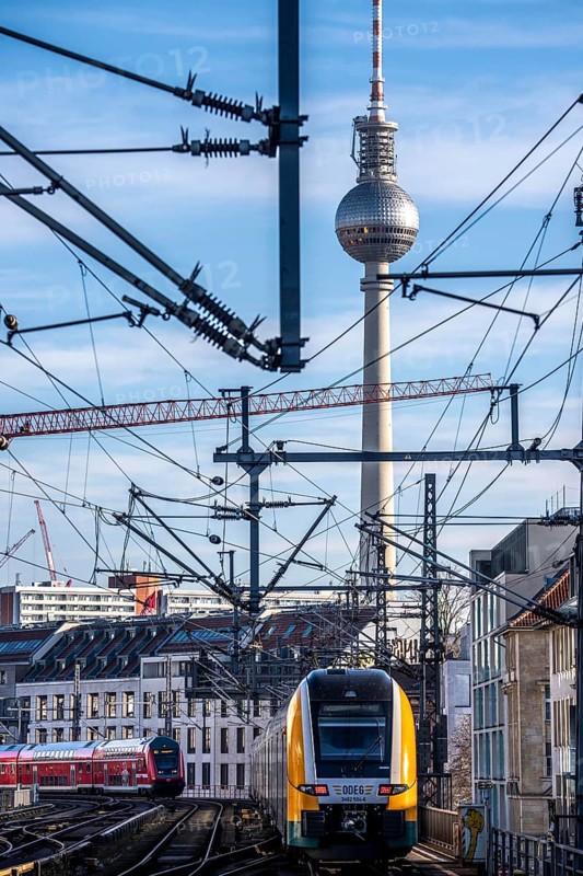 Railway line in Berlin, east of Friedrichstraße station, looking east, Berlin TV Tower, ODEG Zug on the line
