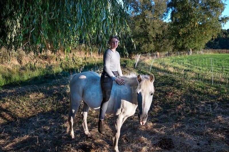 Young girl sitting on her white mare under a willow (Salix), Othenstorf, Mecklenburg-Western Pomerania, Germany