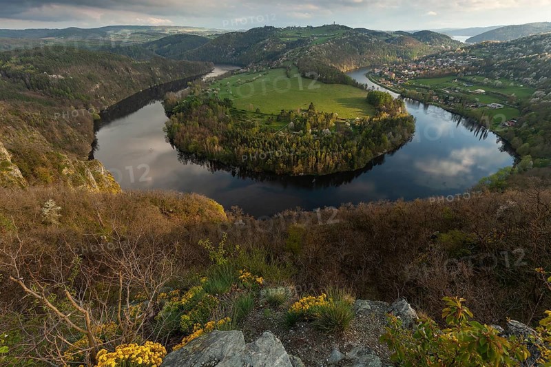 Sunset on spring evening at the loop of the Vltava (Vltava) View of Solenice Central Bohemia Czech Republic