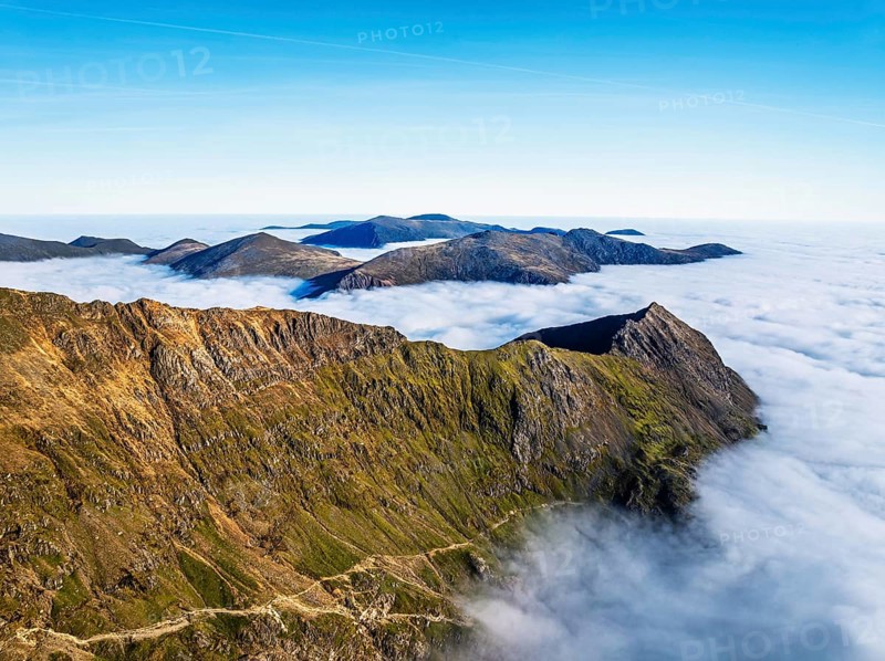 Snowdon Massif from a drone, Snowdon Range, Snowdonia, North Wales, UK
