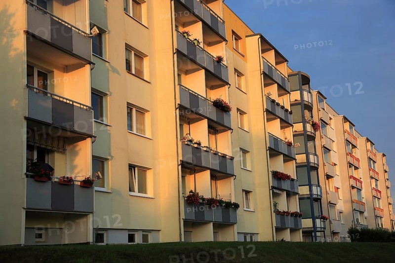 Rental apartments of the Weimar housing cooperative, prefabricated building, balconies, renovated, living space, Mecklenburg-Western Pomerania, Germany
