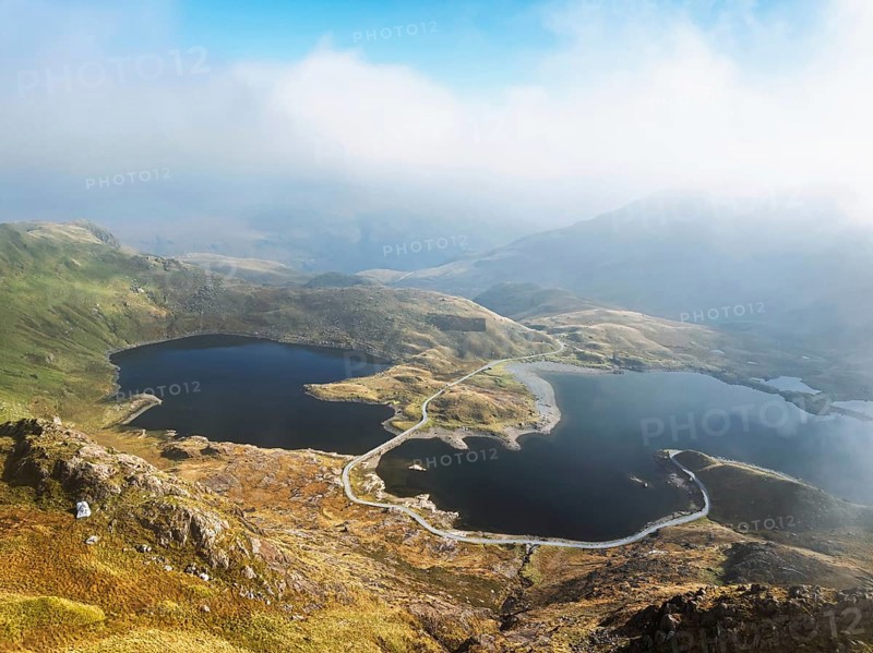 Pyg Track over Llyn Llydaw lake from a drone, Pen-y-Pass, mountain pass, Snowdonia, Gwynedd, north-west Wales, UK