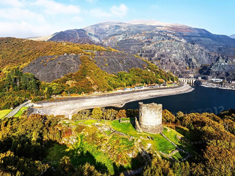 Autumn over Ruins of Dolbadarn Castle from a drone, Llanberis, Llywelyn, North Wales, UK