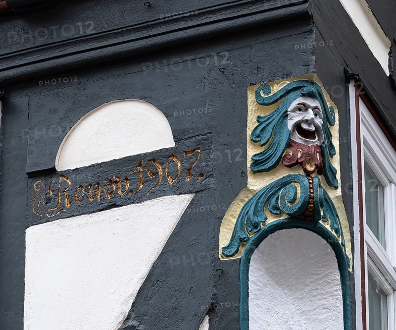 Decoration on half-timbered house, Barfüsserstraße, Marburg, Hesse, Germany