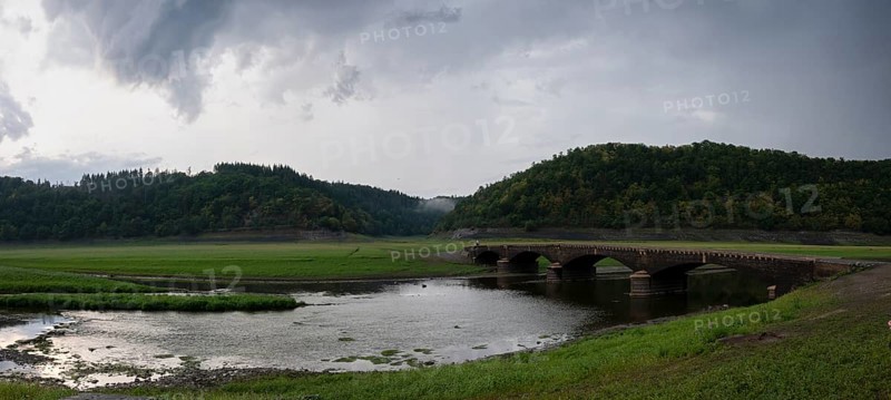 View of Old Bridge Asel, Edersee without water, Hesse, Germany