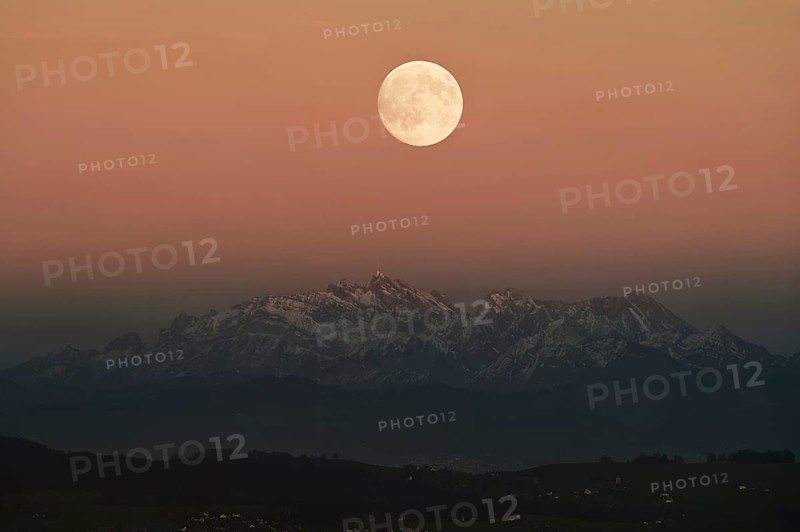 View from Horben of the Alpstein Mountains with the Säntis, in the light of the full moon, Beinwil-Freiamt, Canton, Aargau, Switzerland