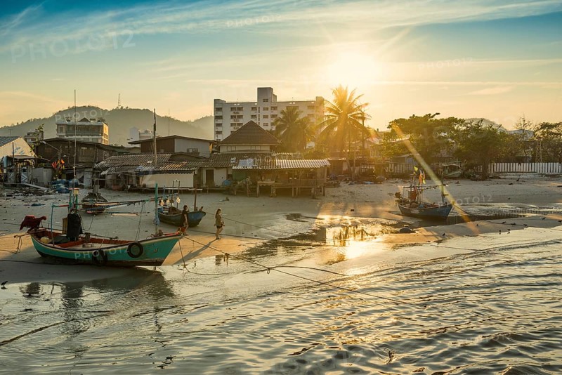 Colorful fishing boats on beach, sunset, Hua Hin, Prachuap Khiri Khan, Central Thailand, Thailand