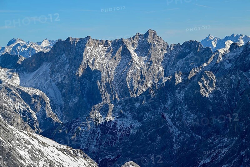 View of the Wetterstein Mountains from the mountain station of the Zugspitz cable car (2962 m), Grainau municipality, Garmisch-Partenkirchen district, Bavaria, Germany
